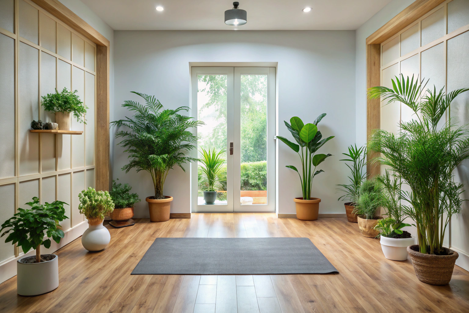 A peaceful yoga studio entrance with a clean door and potted plants, no text or signs visible