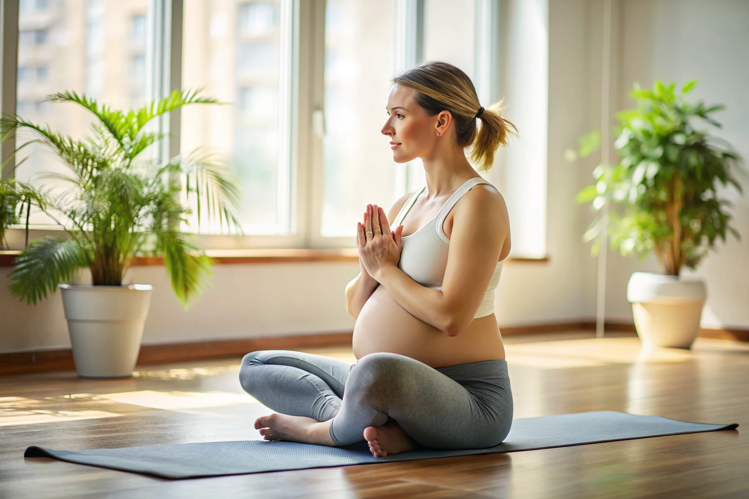 A pregnant woman in a gentle yoga pose, sitting on a mat with hands in prayer position, in a peaceful indoor setting with soft natural light