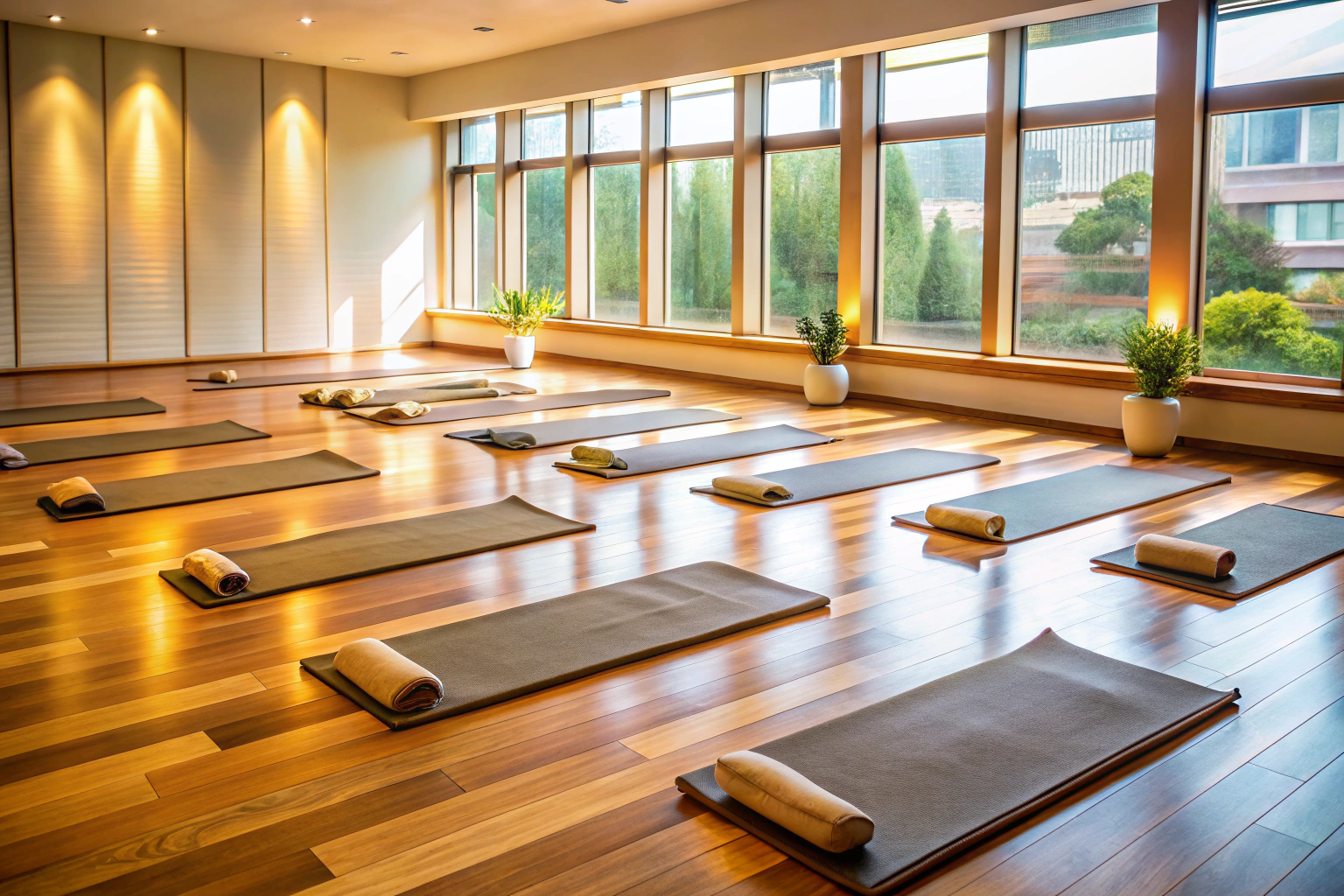 A peaceful yoga studio with mats arranged in rows, soft lighting, and no people or text, evoking a sense of tranquility and focus