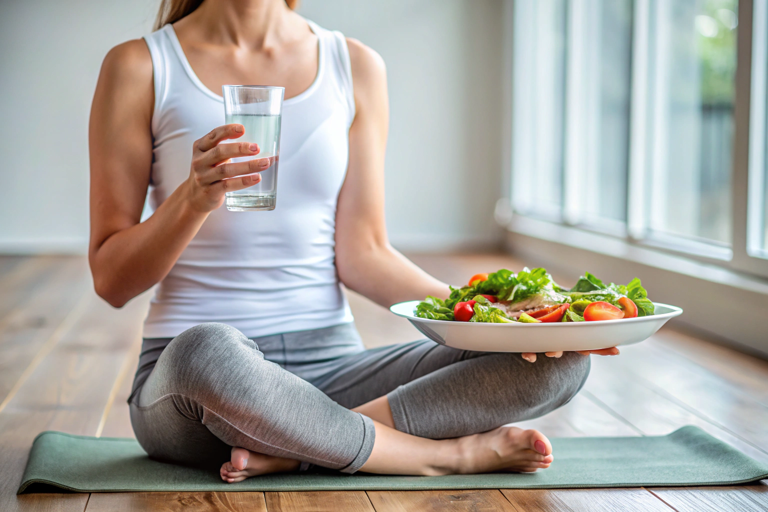 A person in a yoga pose holding a glass of water and a plate with fresh salad, emphasizing hydration and healthy eating, in a minimalist setting with no text or branding