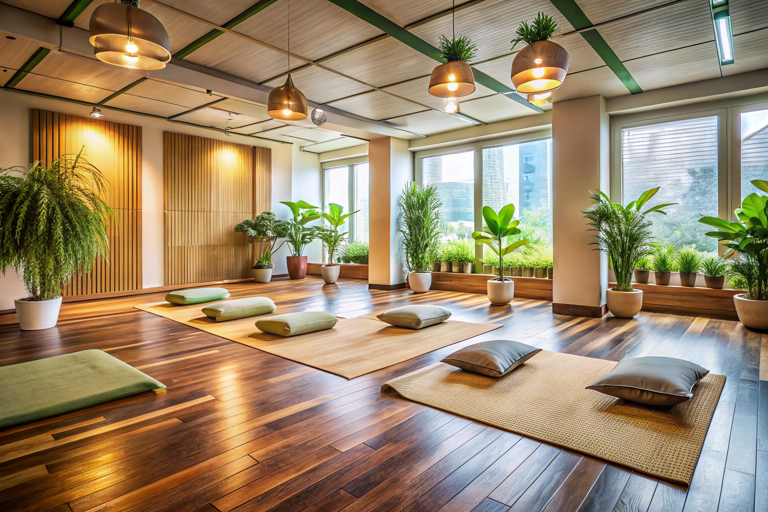 A peaceful and inviting yoga studio space with soft lighting, wooden floors, neatly arranged yoga mats, meditation cushions, and green plants, creating a tranquil atmosphere for practice