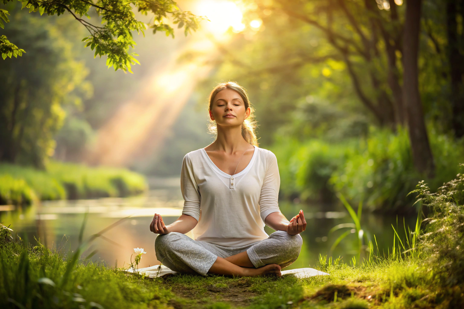 A person sitting in a lotus pose with eyes closed, hands resting on knees, in a peaceful, natural setting with soft lighting, symbolizing mental clarity and relaxation